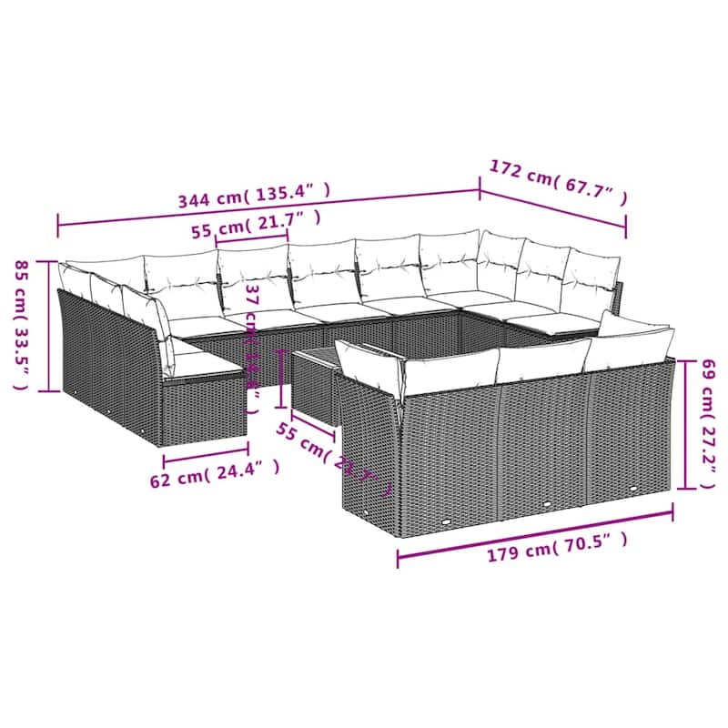 vidaXL Patio Sofa Set with Cushions Outdoor Furniture 14 Piece Poly Rattan - 24.4x 24.4x 27.2