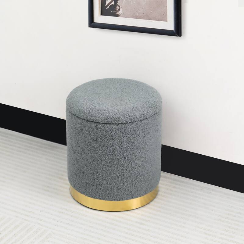 Adeco Velvet Round Storage Stool Gold Plating Base Storage Ottoman
