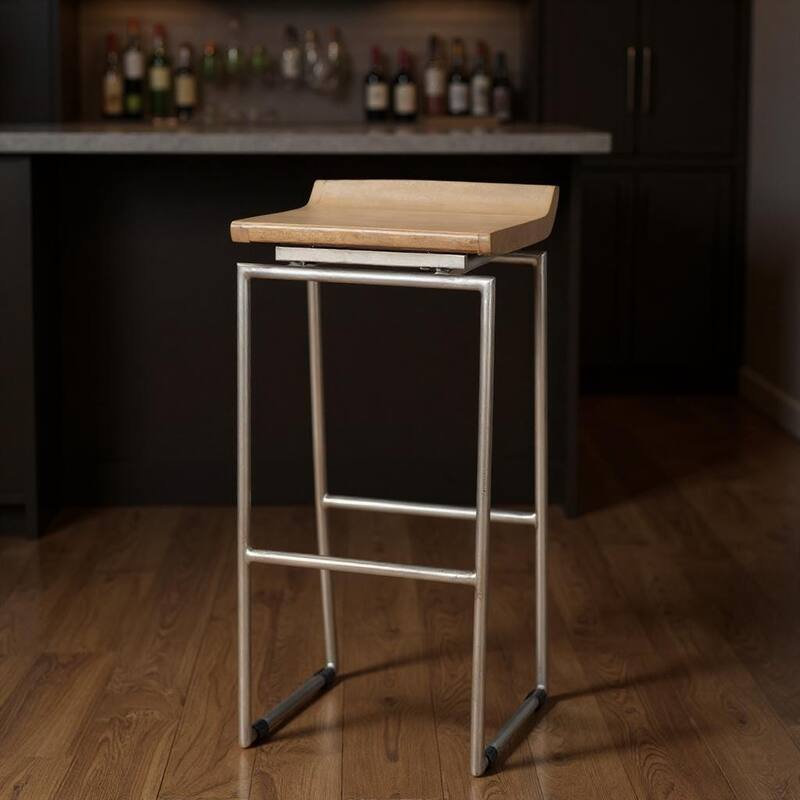 HomeRoots 31" Natural and Silver Solid Wood and Iron Low Back Bar Height Bar Chair - Bar Height - Natural - Single