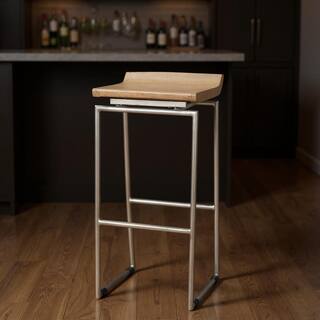 HomeRoots 31" Natural and Silver Solid Wood and Iron Low Back Bar Height Bar Chair