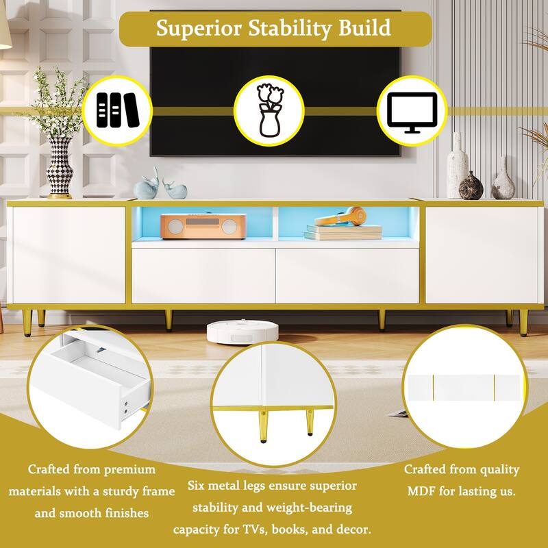 70.9'' Modern TV Stand for TVs up to 80'', Entertainment Center with LED Lights, 2 Cabinets, 2 Drawers & Metal Legs