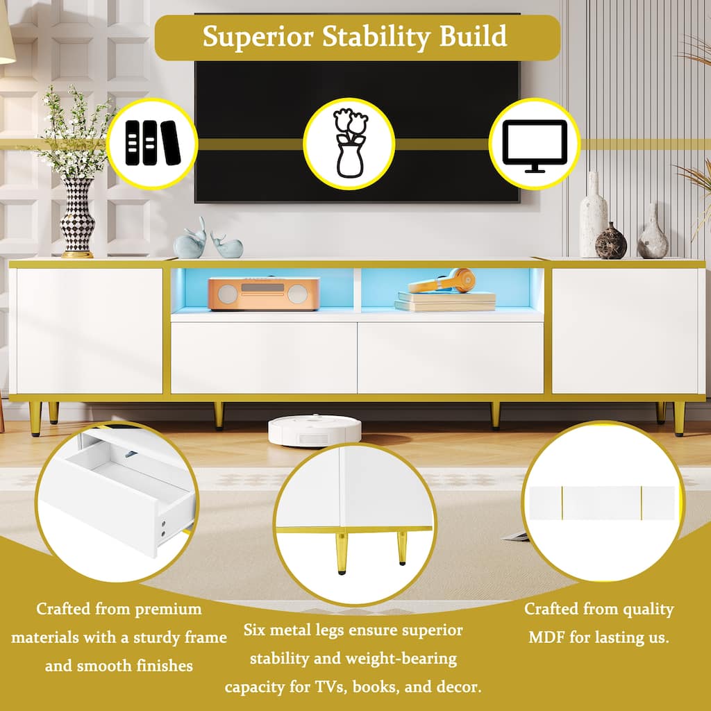 LED TV Stand Entertainment Center for TVs up to 80", Golden Decorative Trim Television Cabinet TV Console with Shelves & Drawers