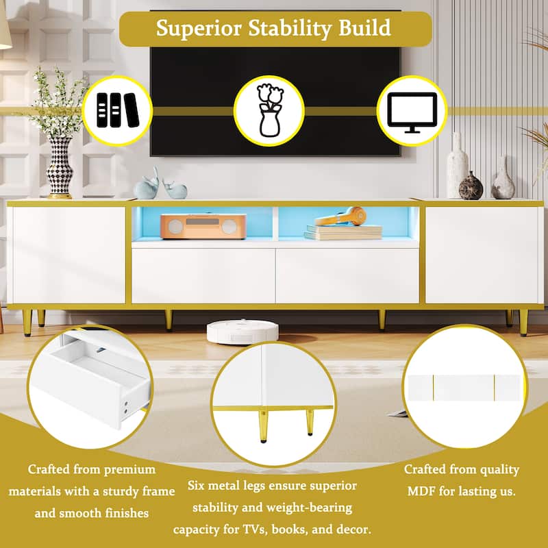 Roomfitters Modern TV Stand for up to 80 Inch TV, Entertainment Console with LED Shelves, Drawers and Cabinets