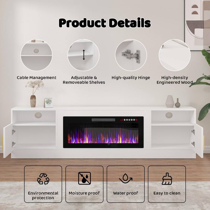 BOSSIN 80" Modern Electric Fireplace TV Stand with 20-Color LED Lights, Fits Up to 90" TV, Adjustable Shelves & Storage Cabinets