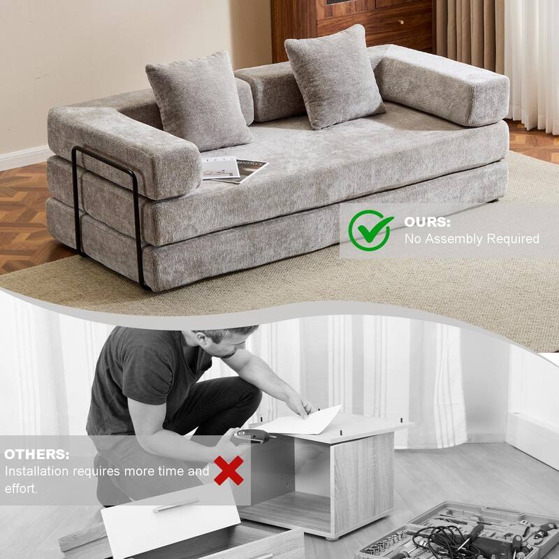 Chenille Floor Sleeper Sofa Bed Foldable Loveseat Couch Futon Sofa with Removable L-shaped Armrest and Movable Iron Frame
