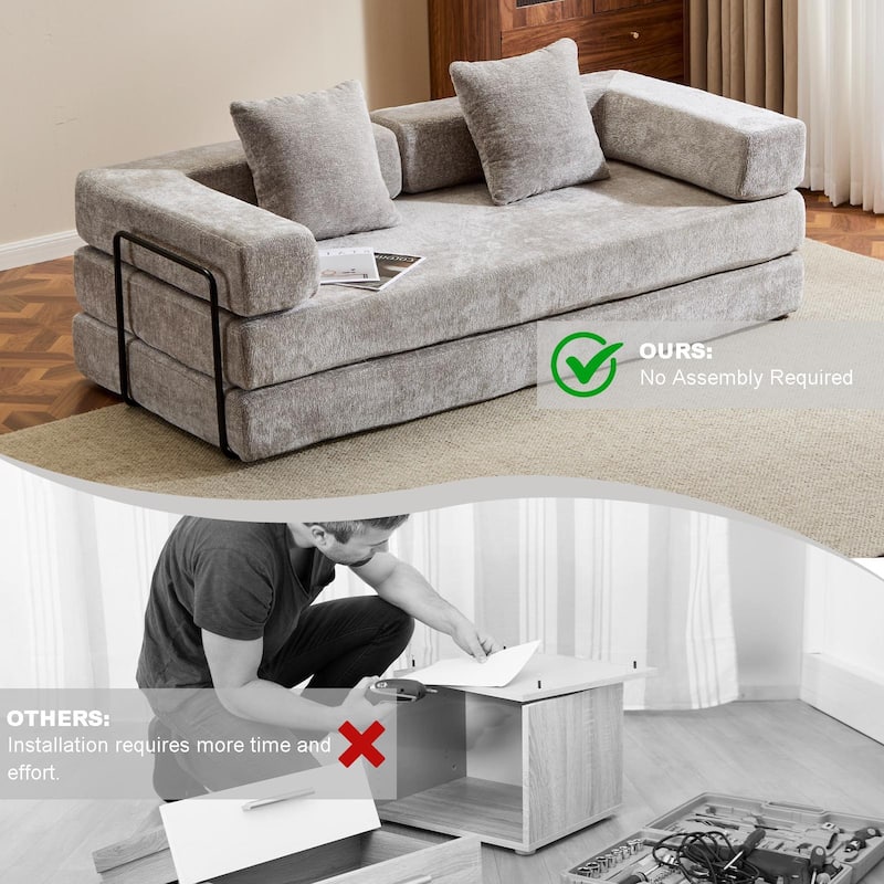 Convertible Flannel Fabric Futon Sofa Sleeper Couch Bed with Sponge Padding for Living Room - 76.77”L x 37.4”W x 23.62”H
