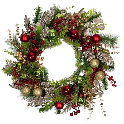 Glittered Ornaments and Berries Artificial Christmas Wreath - 24" - Unlit