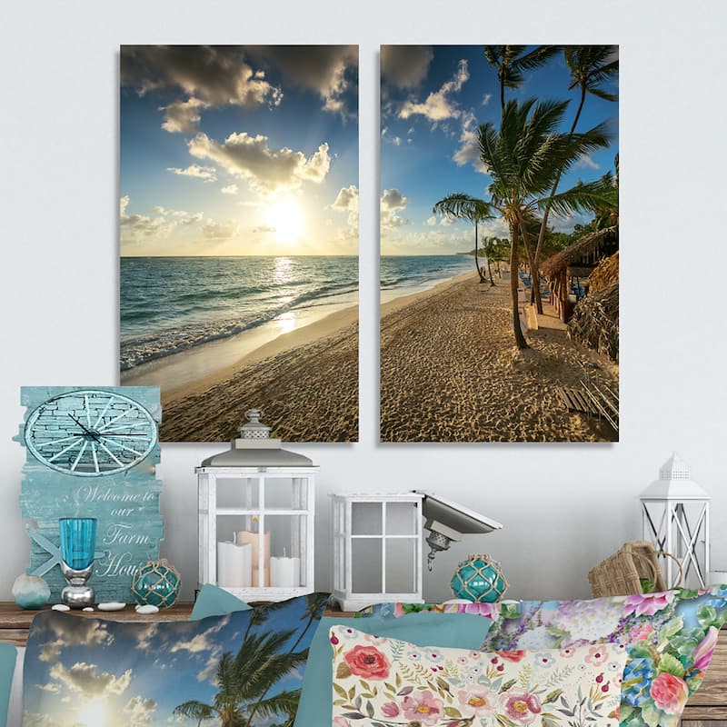 Designart "Beautiful Caribbean Vacation Beach" Large Beach Canvas Wall Art Print 2 Piece Set - 12" W x 20" H x 1" D x 2 Pieces