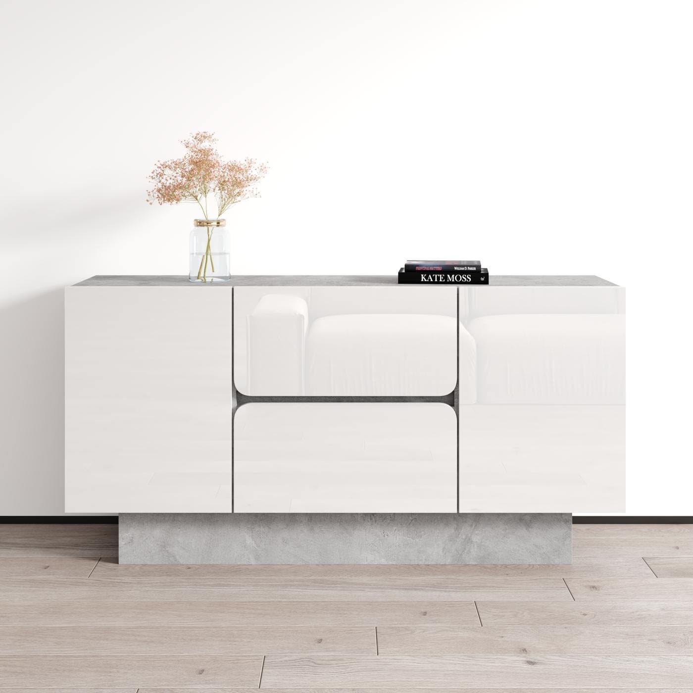 Meble Furniture Azurro Sideboard 59" Wide x 30" High - Concrete & High Gloss Modern Buffet Credenza with Drawers & Cabinets