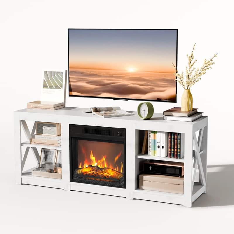 TV Stand with Optional Fireplace for TVs up to 70in Farmhouse Entertainment Center with Adjustable Shelves