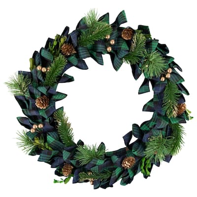 Blue and Green Plaid Bow Artificial Pine Christmas Wreath 17.75-Inch Unlit - 17.75"