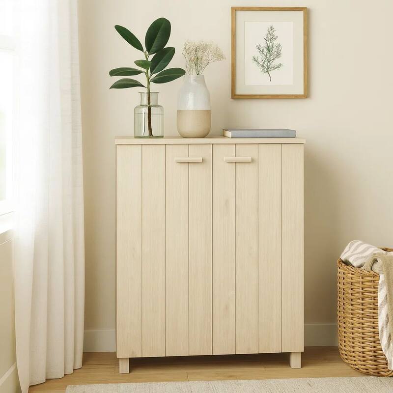 Shoe Cabinet, 2 Slatted Doors, Honey Brown Solid Pine Wood, 33x16x42In