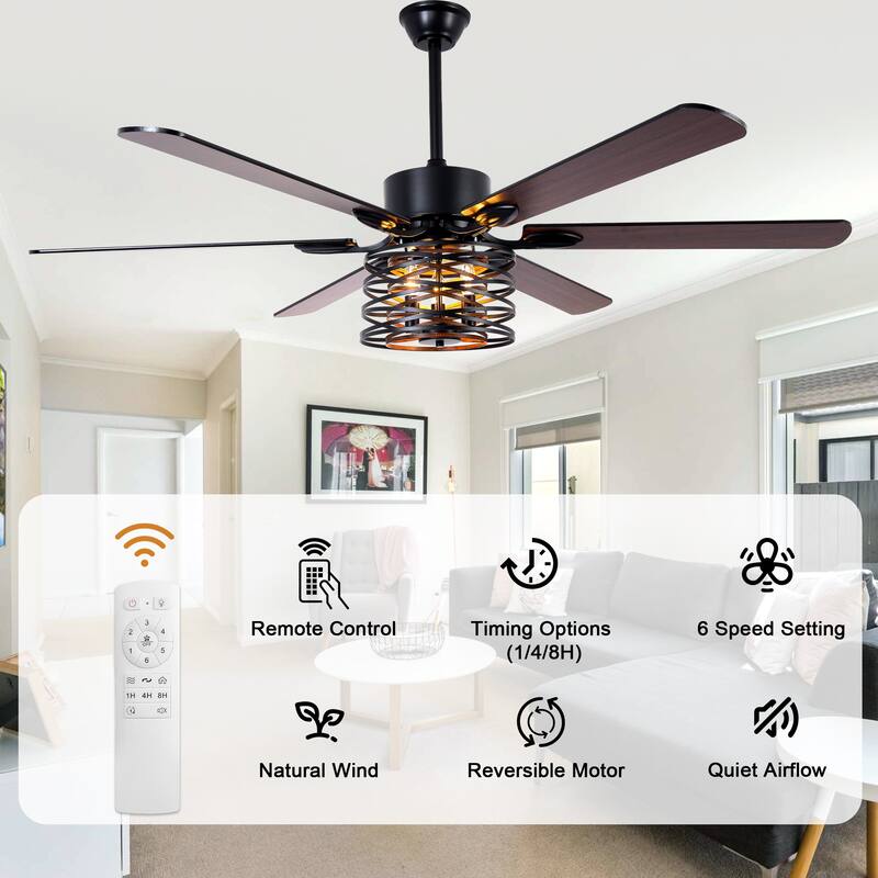 Bella Depot 65" Industrial Metal Cage Ceiling Fan with Light and Remote 6-Speed Reversible Fan