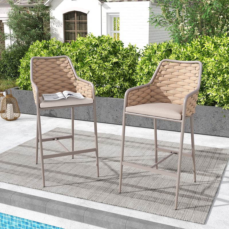 Outdoor Metal High Arm Barstool Chair with Cushions (set of 2)