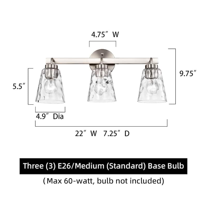 Matte Black/Brushed Nickel 3-Light 22 in. Vanity Light with Hammered Clear Glass Shades - Matte Black