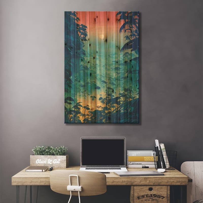 Colorful Cyberpunk Jungle In The Sunset Print On Wood by Alessandro Della Torre - Multi-Color