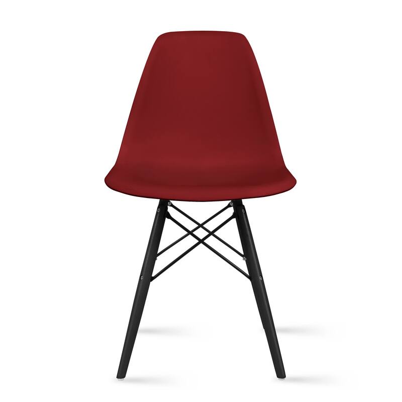 Set of 2 Modern Plastic Eiffel Side Chairs – Armless Molded Shell with Black Wood-Look Eiffel Legs for Dining, Office & Accent - Red