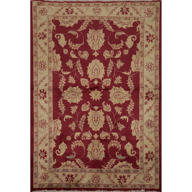 Hand Knotted Oriental 100% Wool Carpet Traditional Floral Red Peshawar Area Rug - 4' 10'' X 4' 0''