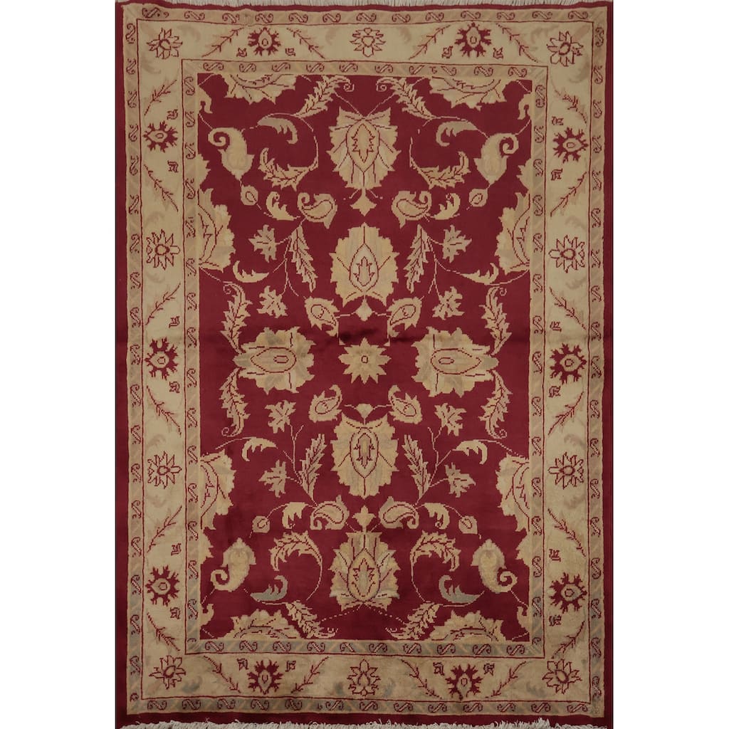 Hand Knotted Oriental 100% Wool Carpet Traditional Floral Red Peshawar Area Rug - 4' 10'' X 4' 0''