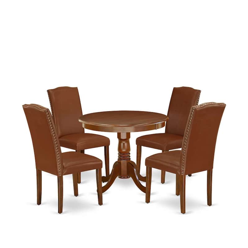Antique Dining Set 5 Piece - Round Table & 4 Parsons Chairs - Seaside Style - Mahogany Finish - 36 Inch