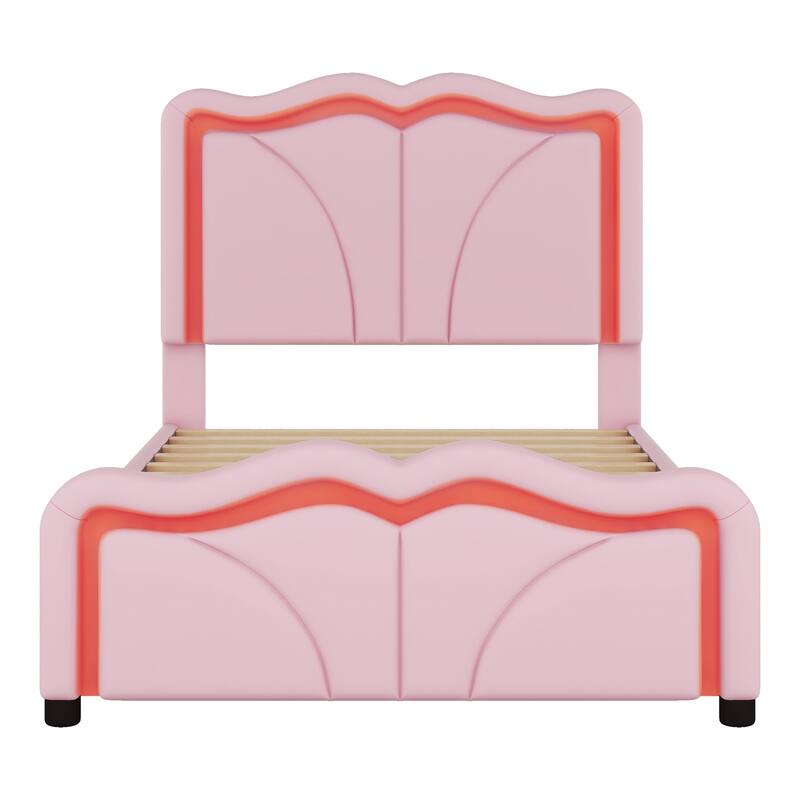 Pink Twin Upholstered Platform Bed with Adjustable Headboard & LED Lights