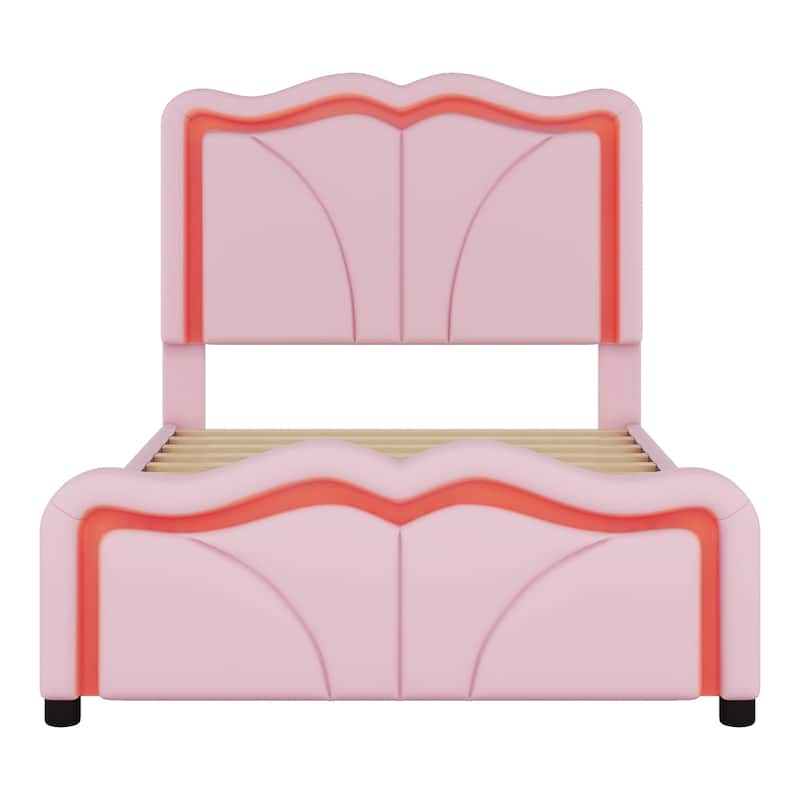 Pink Twin Upholstered Platform Bed with Curve Headboard & LED Lights!