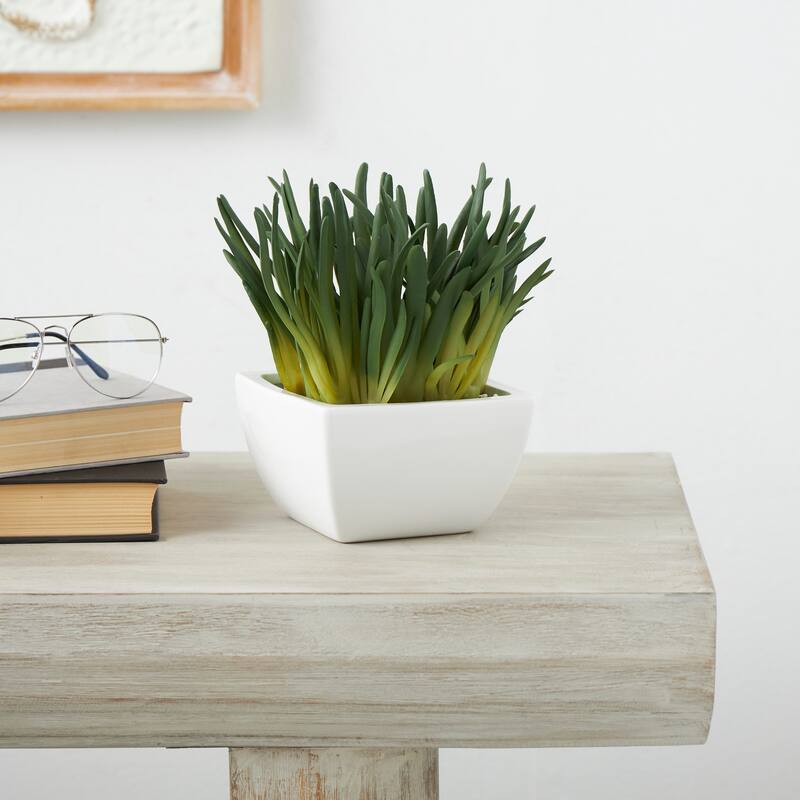 Faux Foliage Artificial Plant with White Ceramic Pot - Green - Roche River Decor - 6"W x 8"L x 8"H