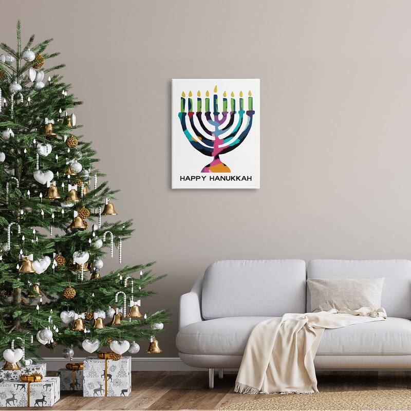 Stupell Happy Hanukkah Holiday Menorah Abstract Pattern Winter Holiday Canvas Wall Art - Multi-Color