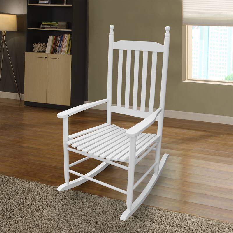Anmytek White Wooden Rocking Chair with Slatted Back and Seat, Solid Wood Weather Resistant Finish, Wide Armrests - white