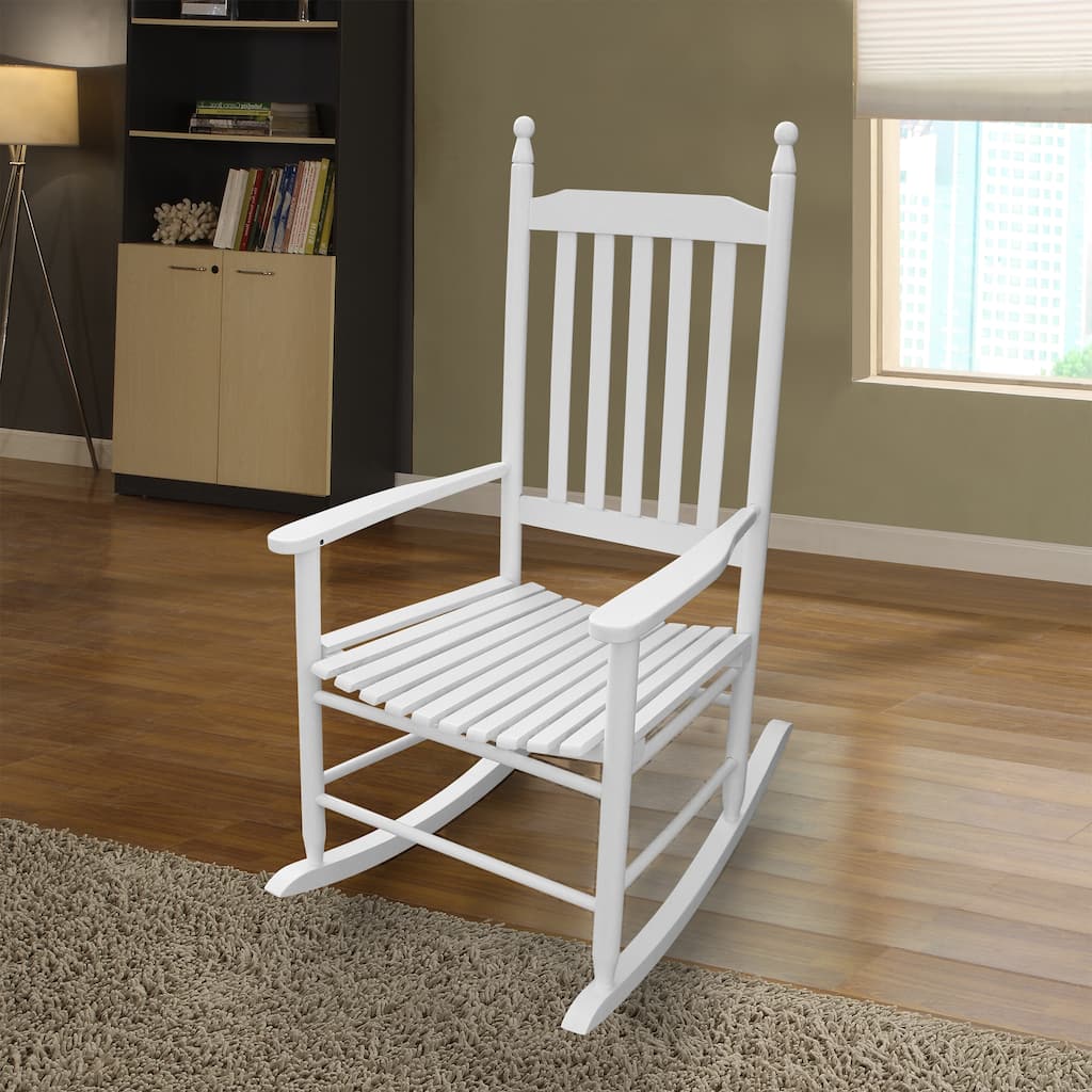 Anmytek White Wooden Rocking Chair with Slatted Back and Seat, Solid Wood Weather Resistant Finish, Wide Armrests