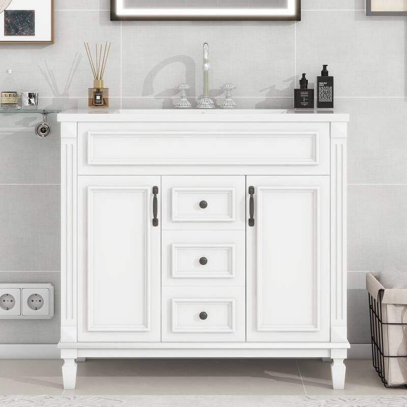 36" Bathroom Vanity with Top Sink, Modern Bathroom Storage Cabinet with 2 Soft Closing Doors and 2 Drawers - White