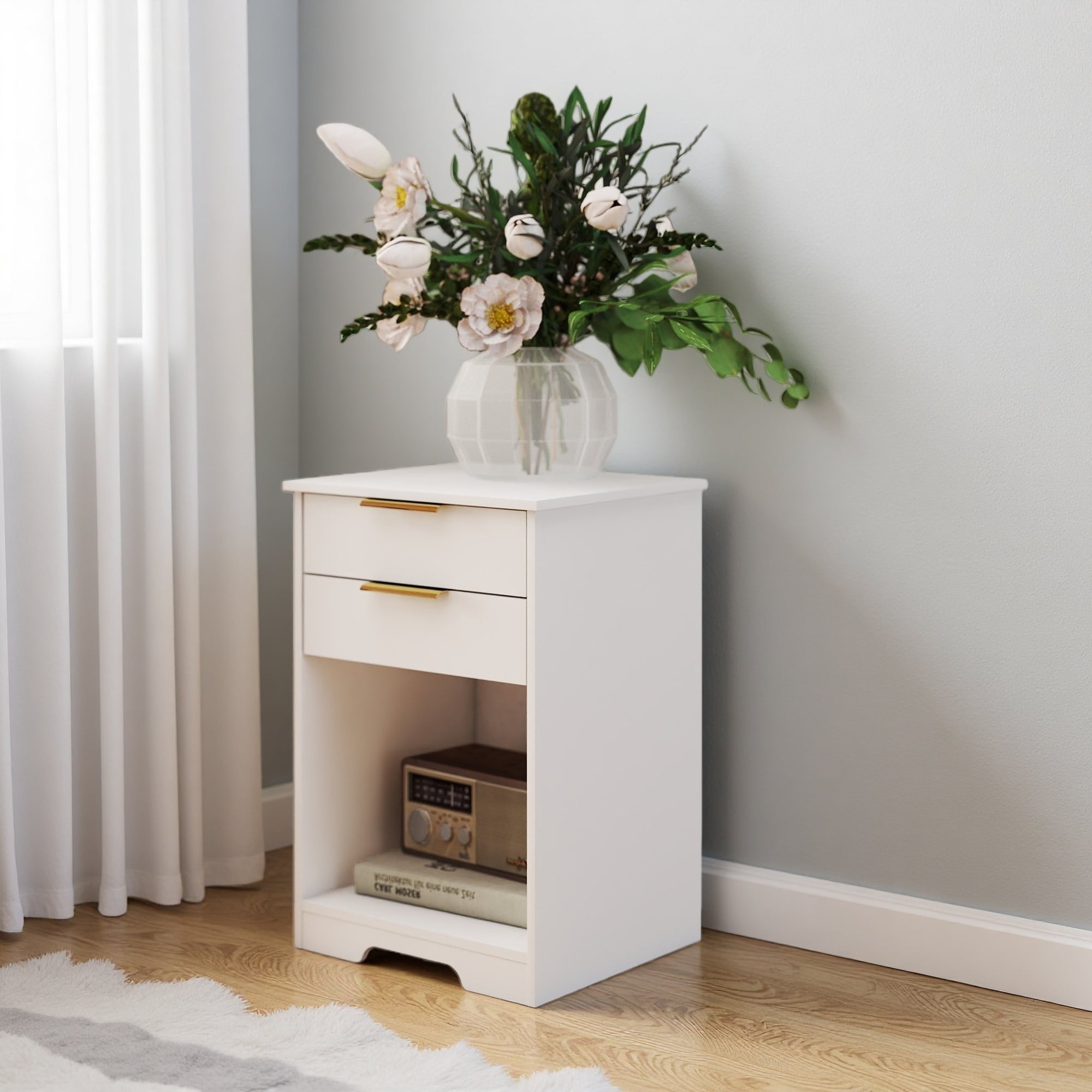 15.8"L MDF Nightstand with 2 Drawers & Open Shelf, End Table with Golden Handles, Modern Bedside Table for Bedroom, Living Room