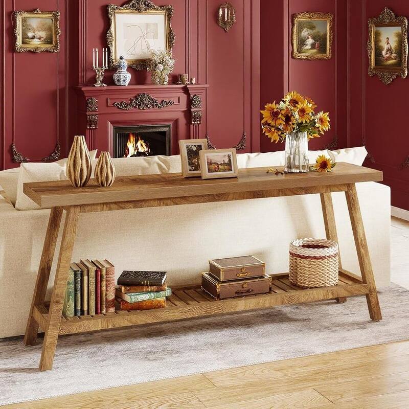 Grey-Natural Engineered Wood 2-Tier Console Table with Farmhouse Style - 70.86” L x 11.81 W x 31.49 H - Natural