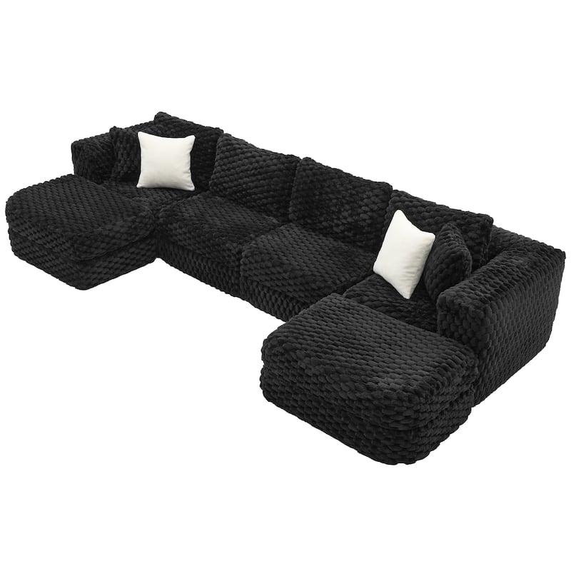 Modular Sectional Sofa with Bubble Velvet Upholstery, 2 Movable Ottomans and 4 Throw Pillows for Living Room