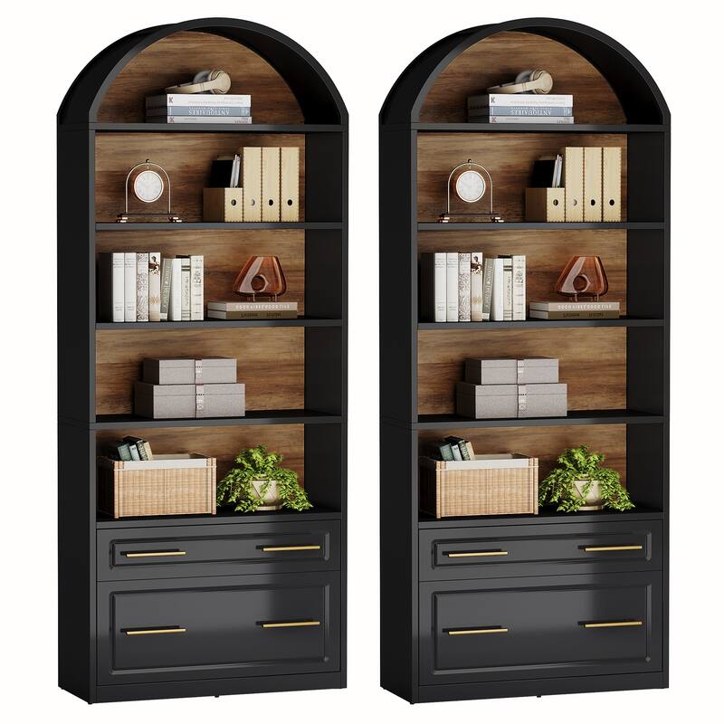 76.8" Tall Arched Bookcase, 5-Tier Modern Bookshelf with File Cabinet Drawer - 2Pack-Black