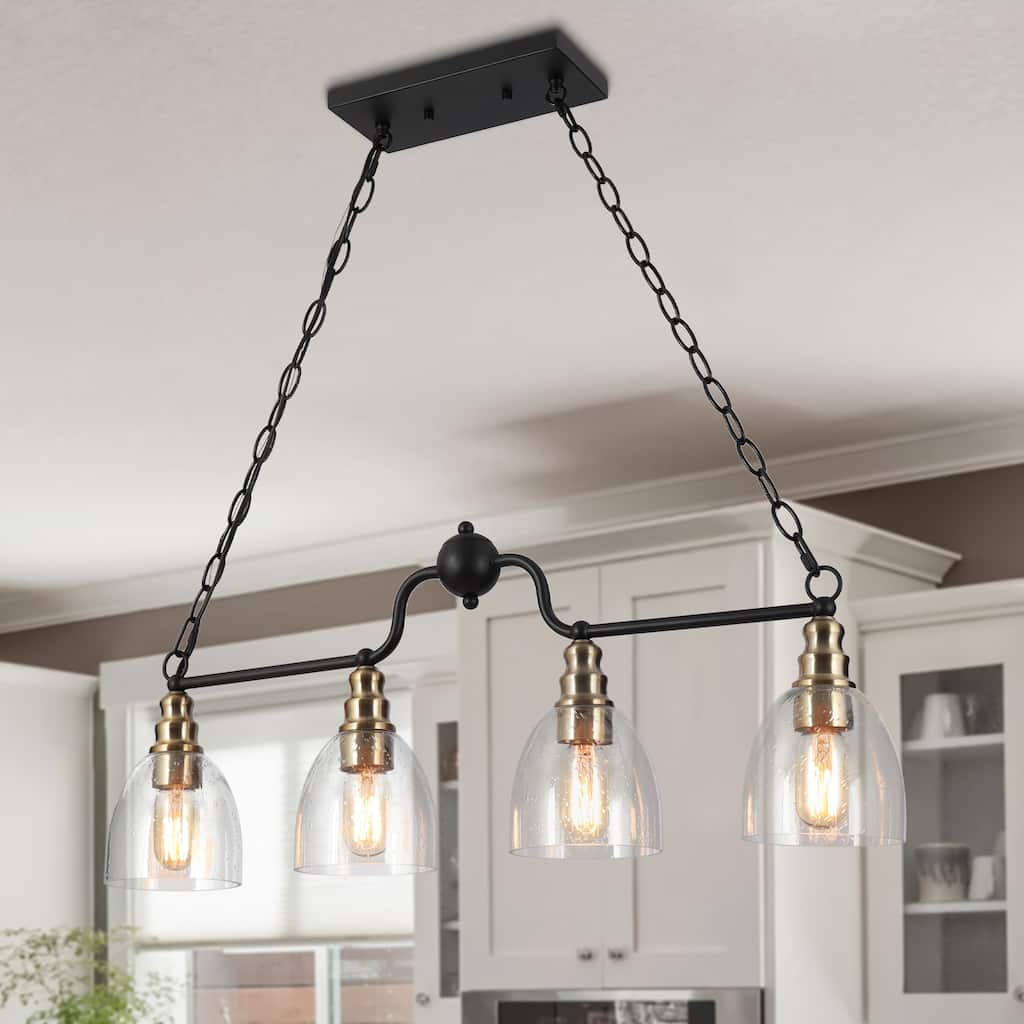 Modern Farmhouse 4-light Glass Linear Chandelier Diningroom Black Gold Industrial Kitchen Island Lighting - 32 inches