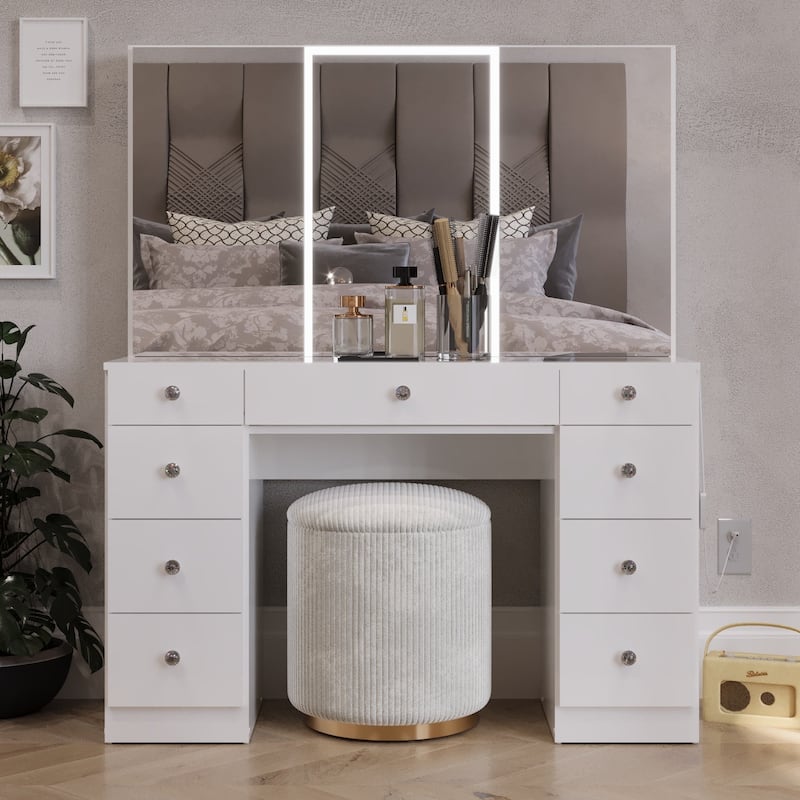 Boahaus w/Tri-Fold Lighted Makeup Vanity Desk With Glam Glass Top 9 Drawers Crystal knobs