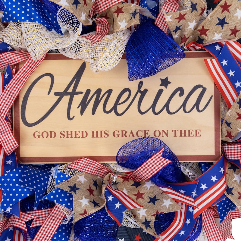 Stars and Stripes "America, God Shed His Grace on Thee" Patriotic Bow Wreath - 18"