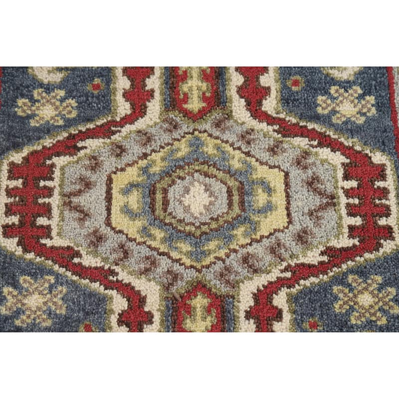 Hand Knotted Oriental 100% Wool Carpet Traditional Geometric Navy Blue & Blues Heriz (serapi) Runner Rug - 9' 10'' X 2' 6''
