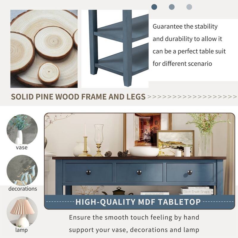 Retro Design Console Table with 2 Open Shelves and 3 Drawers