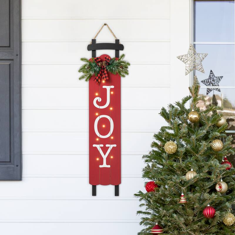 Glitzhome 40.5"H Lighted or Plaid Wooden JOY Porch Sign - Red
