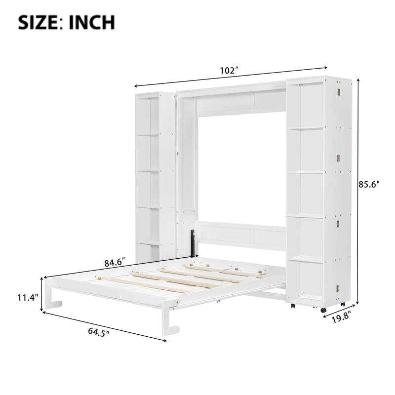 Modern Platform Bed with Storage Bookcase Queen Size Murphy Bed with Side Flip and Push-pull Foldable Storage Cabinets