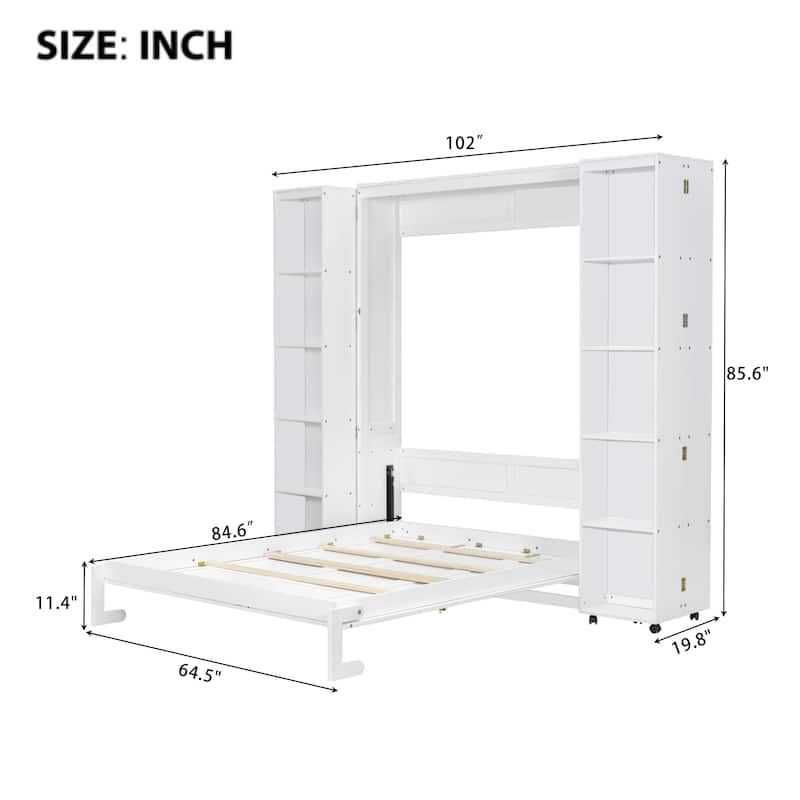 Queen Murphy Bed with Storage Bookcase, Space Saving Queen Foldable Wood Wall Bedframe for Guest Room, Home Office, Bedroom
