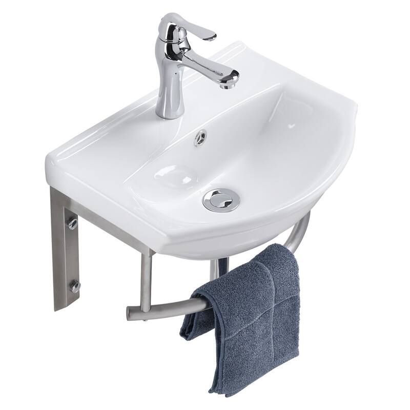 White Porcelain Wall Mounted Bathroom Sink with Faucet, Drain, Towel Bar and Overflow