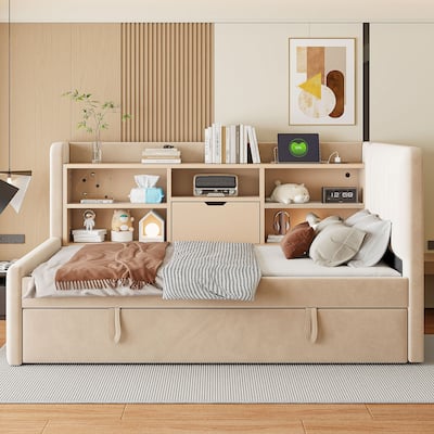 Twin Size Velvet Upholstered Daybed with Pull Out Trundle, Built In Storage and Charging Station