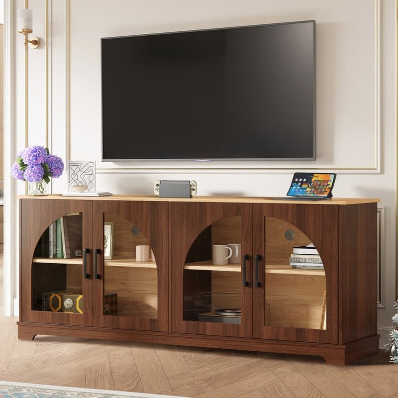 Farmhouse 66.9" TV Stand for TVs Up to 70", Wood Media Console with Adjustable Shelves and Glass Doors