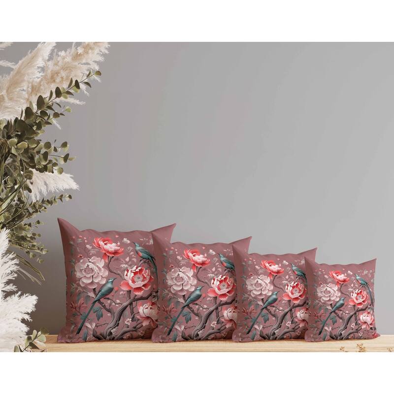 Botanical Bird Ensemble Indoor/Outdoor Reversible Throw Pillow Pink and Red