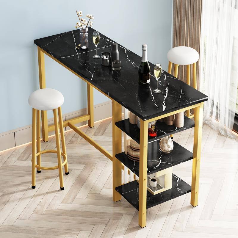 Grondin Modern Contemporary Faux Marble 3 Piece Bar Table Set with 2 Upholstered Stools and Extra Storage Shelves