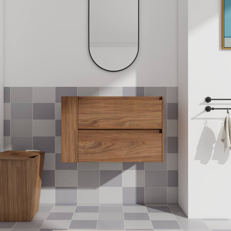 36" Wall-Mounted Bathroom Vanity, Double Soft-Close Drawers, Adjustable Side Rack, 45° Bevelled Invisible Handle - 29.3in L Plywood - 29.3in L Brown Oak