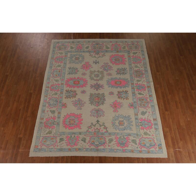 Hand Knotted Oriental 100% Wool Carpet Transitional All-Over Beige & Ivories Oushak Area Rug - 9' 10'' X 8' 1''
